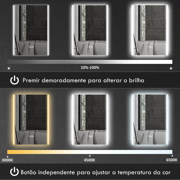 Espelho de Casa de Banho com Luz LED 70x50 cm Espelho de Casa de Banho com 3 Cores de Luz Função Antiembaciamento Função de Memória IP44 Horizontal ou Vertical