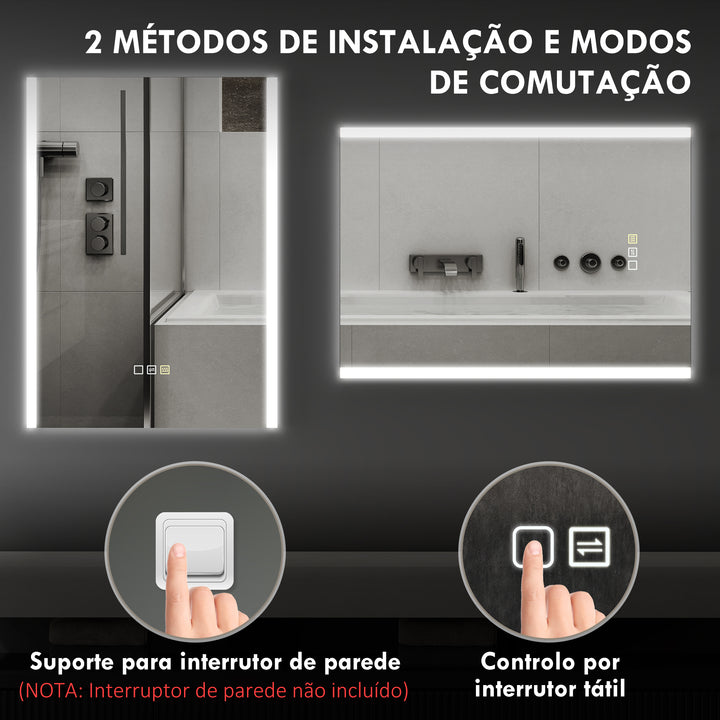 Espelho de Casa de Banho com Luz LED 70x50 cm Espelho de Casa de Banho com 3 Cores de Luz Função Antiembaciamento Função de Memória IP44 Horizontal ou Vertical