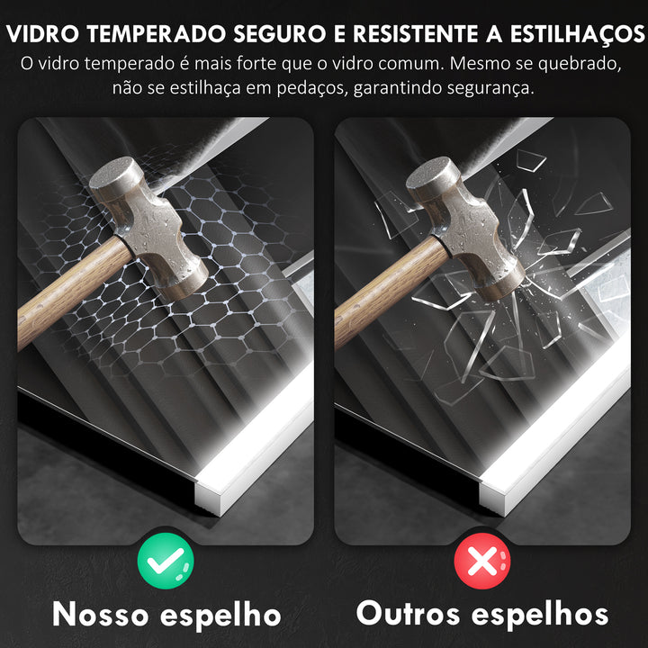 Espelho de Casa de Banho com Luz LED 70x50 cm Espelho de Casa de Banho com 3 Cores de Luz Função Antiembaciamento Função de Memória IP44 Horizontal ou Vertical
