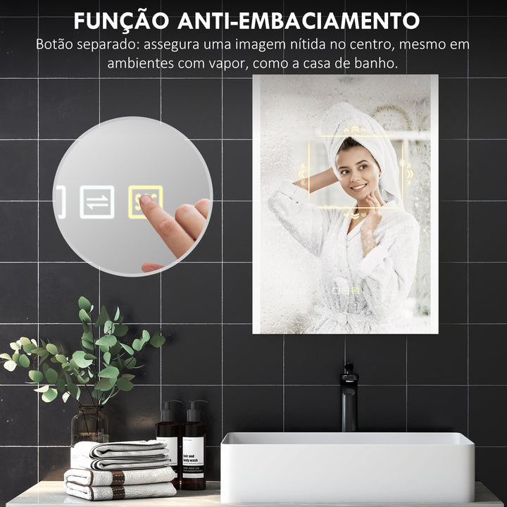 Espelho de Casa de Banho com Luz LED 70x50 cm Espelho de Casa de Banho com 3 Cores de Luz Função Antiembaciamento Função de Memória IP44 Horizontal ou Vertical
