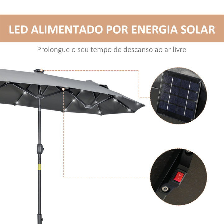 Chapéu de Sol Duplo 295x150x219 cm Chapéu de Sol de Jardim com Luzes LED Solares Teto com Inclinação Ajustável e Manivela Manual para Pátio Piscina Praia Cinza