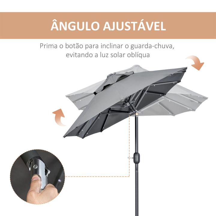Chapéu de Sol Duplo 295x150x219 cm Chapéu de Sol de Jardim com Luzes LED Solares Teto com Inclinação Ajustável e Manivela Manual para Pátio Piscina Praia Cinza