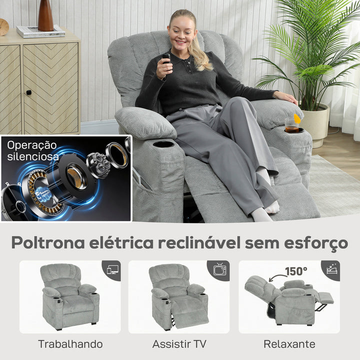 Poltrona Relax Reclinável Elétrica, Poltrona Silenciosa de Veludo com Função Memória, Apoio para os Pés, Comando Remoto, Bolsos Laterais, Porta USB, Porta-Copos, Encosto Concha, Cinzento