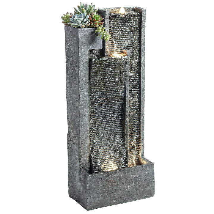 Fonte de Água Decorativa com Iluminação LED e Vaso Fonte de Jardim Exterior em Cascata de 3 Níveis com Bomba Resistente à Intempérie para Jardim Pátio 38x19x101?cm Cinzento Escuro