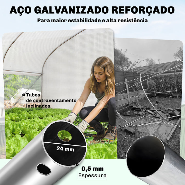 Estufa Tipo Túnel 6x3x2 m com 8 Janelas Cobertura de PE Anti-UV e Porta de Enrolar com Fecho de Correr Paredes Laterais com Rede Branco