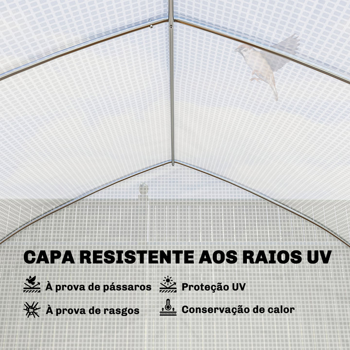 Estufa Tipo Túnel 6x3x2 m com 8 Janelas Cobertura de PE Anti-UV e Porta de Enrolar com Fecho de Correr Paredes Laterais com Rede Branco