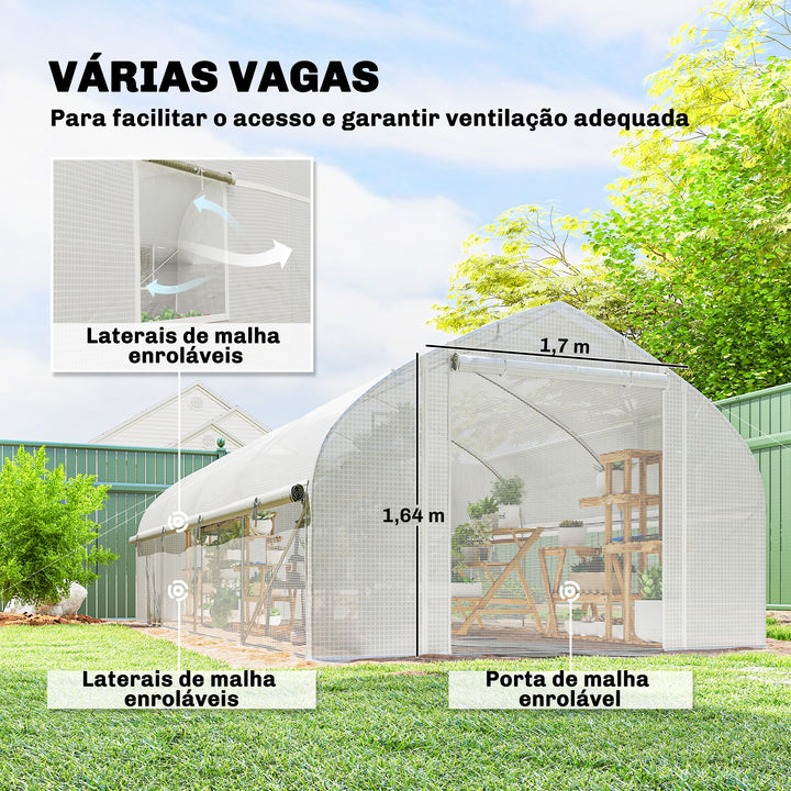 Estufa Tipo Túnel 6x3x2 m com 8 Janelas Cobertura de PE Anti-UV e Porta de Enrolar com Fecho de Correr Paredes Laterais com Rede Branco