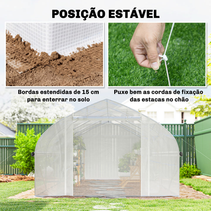 Estufa Tipo Túnel 6x3x2 m com 8 Janelas Cobertura de PE Anti-UV e Porta de Enrolar com Fecho de Correr Paredes Laterais com Rede Branco