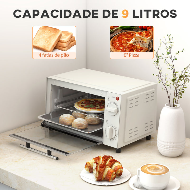 Mini Forno Elétrico 9L Forno Elétrico de Bancada 750W com Temperatura Ajustável até 230°C Temporizador 60 min e Bandeja para Assar Grelha 35x24,6x20 cm Creme