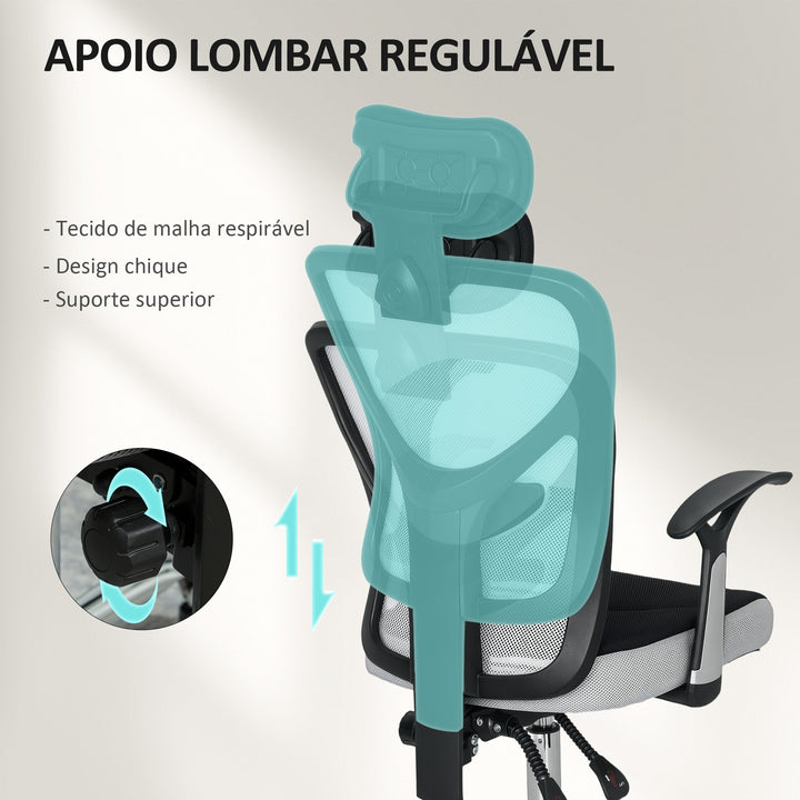 Cadeira de Escritório Cadeira para Secretária Giratória com Altura Ajustável Função Reclinável Apoio para a Cabeça e Suporte Lombar 62x67x108-118 cm Cinza