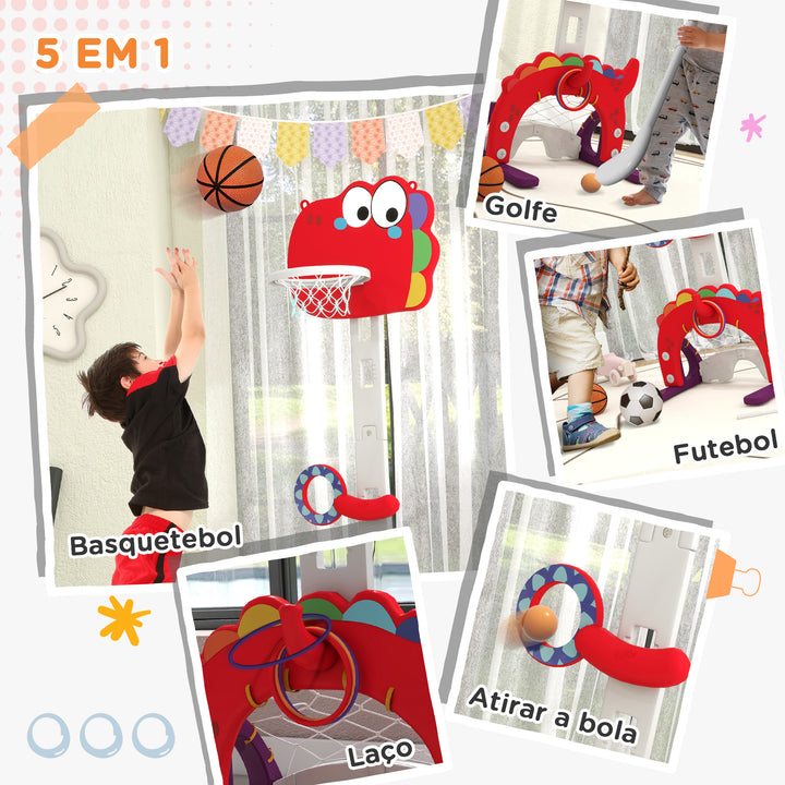 Tabela de Basquetebol Infantil 5 em 1 Tabela de Bssquetebol para Crianças com Altura Ajustável Futebol Golf Aros Jogo de Lançamento de Bola Interior 46x51x134-152 cm Vermelho