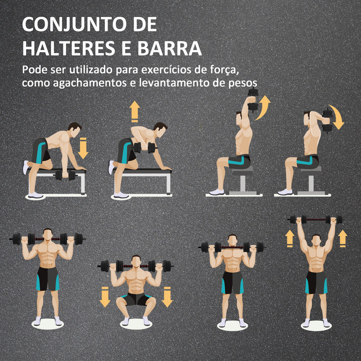 Conjunto de Halteres de 20 kg 2 em 1 com Barras de Conexão e Barra de Extensão Treinamento de Força e Levantamento de Pesos para Casa Escritório Ginásio Preto
