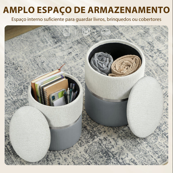 Conjunto de 2 Puffs de Arrumação Baús de Arrumação Redondos Estofados em Chenille e PU Assento Acolchoado para Entrada Quarto Sala Cinzento e Creme