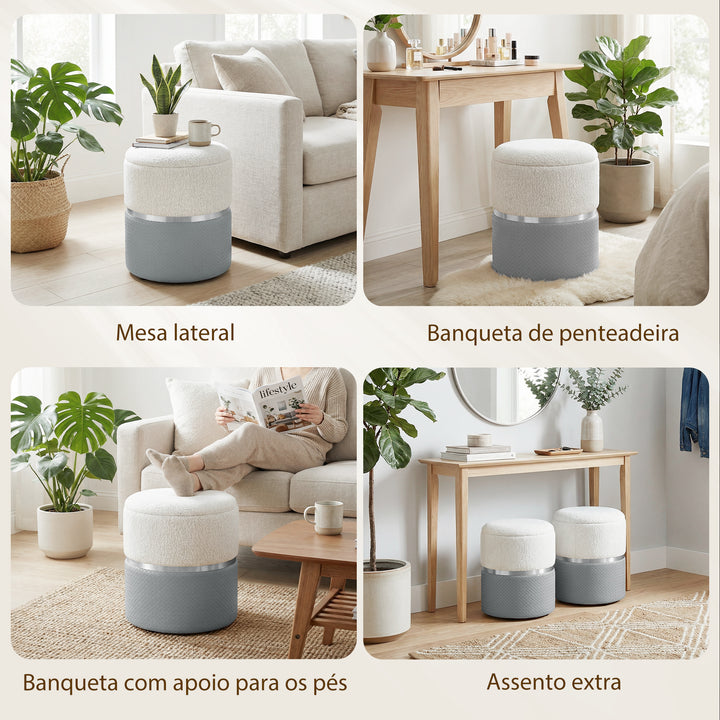 Conjunto de 2 Puffs de Arrumação Baús de Arrumação Redondos Estofados em Chenille e PU Assento Acolchoado para Entrada Quarto Sala Cinzento e Creme