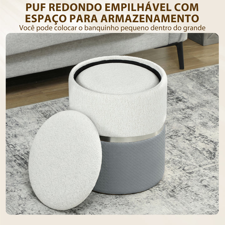 Conjunto de 2 Puffs de Arrumação Baús de Arrumação Redondos Estofados em Chenille e PU Assento Acolchoado para Entrada Quarto Sala Cinzento e Creme