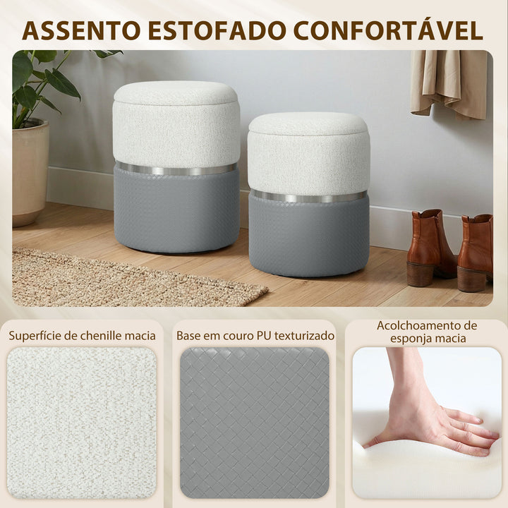Conjunto de 2 Puffs de Arrumação Baús de Arrumação Redondos Estofados em Chenille e PU Assento Acolchoado para Entrada Quarto Sala Cinzento e Creme