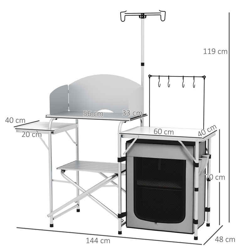 Móvel de Cozinha para Campismo Armário para Campismo Dobrável com Mesas Estante Suporte de Luz Ganchos e Bolsa de Transporte para Campismo Piquenique 144x48x119 cm Prata e Cinza Claro