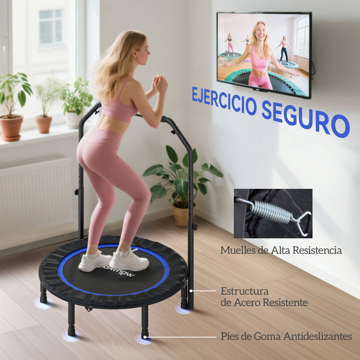 Trampolim de Fitness Ø102 cm Trampolim Dobrável com Guiador Ajustável de 4 Níveis e Bandas para Treino de Pernas e Corpo em Casa Escritório Ginásio e Exterior Carga 150 kg Azul