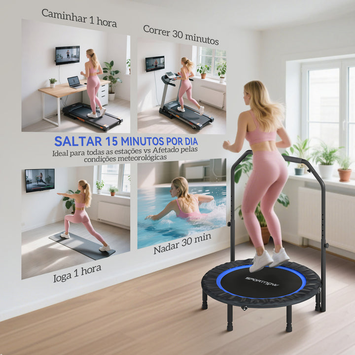 Trampolim de Fitness Ø102 cm Trampolim Dobrável com Guiador Ajustável de 4 Níveis e Bandas para Treino de Pernas e Corpo em Casa Escritório Ginásio e Exterior Carga 150 kg Azul