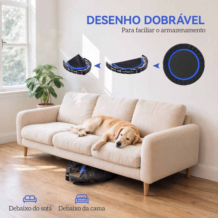 Trampolim de Fitness Ø102 cm Trampolim Dobrável com Guiador Ajustável de 4 Níveis e Bandas para Treino de Pernas e Corpo em Casa Escritório Ginásio e Exterior Carga 150 kg Azul