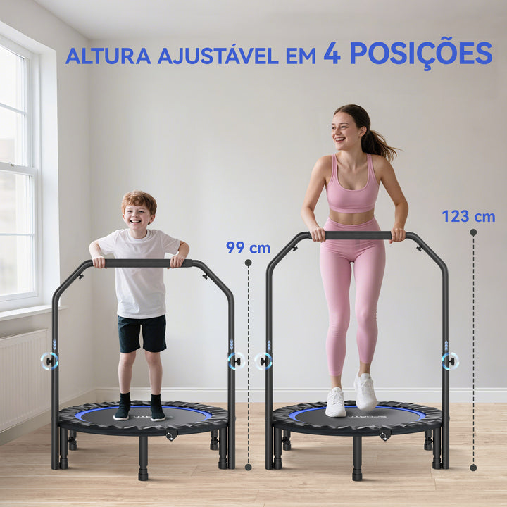 Trampolim de Fitness Ø102 cm Trampolim Dobrável com Guiador Ajustável de 4 Níveis e Bandas para Treino de Pernas e Corpo em Casa Escritório Ginásio e Exterior Carga 150 kg Azul