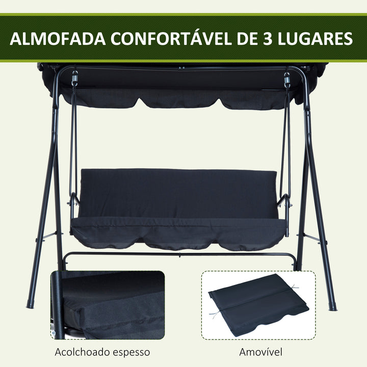 Balanço de jardim de metal 3 lugares com toldo ajustável e almofada 172x110x152cm preto