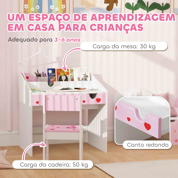 Conjunto de Secretária e Cadeira para Crianças acima de 3 Anos Secretária Infantil com Gaveta Amovível e Compartimento para Dormitório Sala de Jogos Rosa e Branco