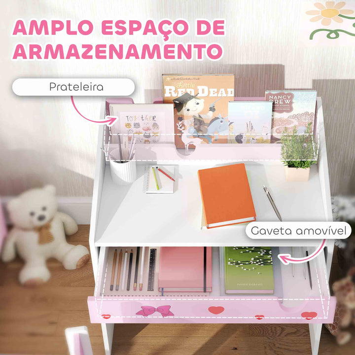 Conjunto de Secretária e Cadeira para Crianças acima de 3 Anos Secretária Infantil com Gaveta Amovível e Compartimento para Dormitório Sala de Jogos Rosa e Branco