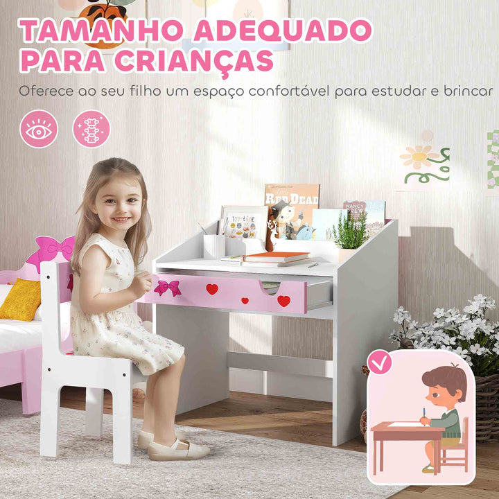 Conjunto de Secretária e Cadeira para Crianças acima de 3 Anos Secretária Infantil com Gaveta Amovível e Compartimento para Dormitório Sala de Jogos Rosa e Branco