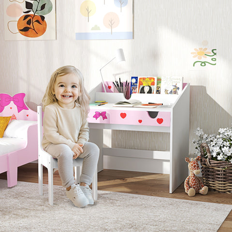 Conjunto de Secretária e Cadeira para Crianças acima de 3 Anos Secretária Infantil com Gaveta Amovível e Compartimento para Dormitório Sala de Jogos Rosa e Branco