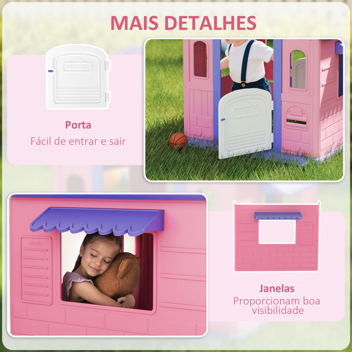 Casinha Infantil para Exterior e Interior 3 em 1 Casinha de Jardim com Lançamento de Aros e Basquetebol Casa de Jogos para Crianças de 2-5 Anos 132x118x124 cm Rosa e Roxo
