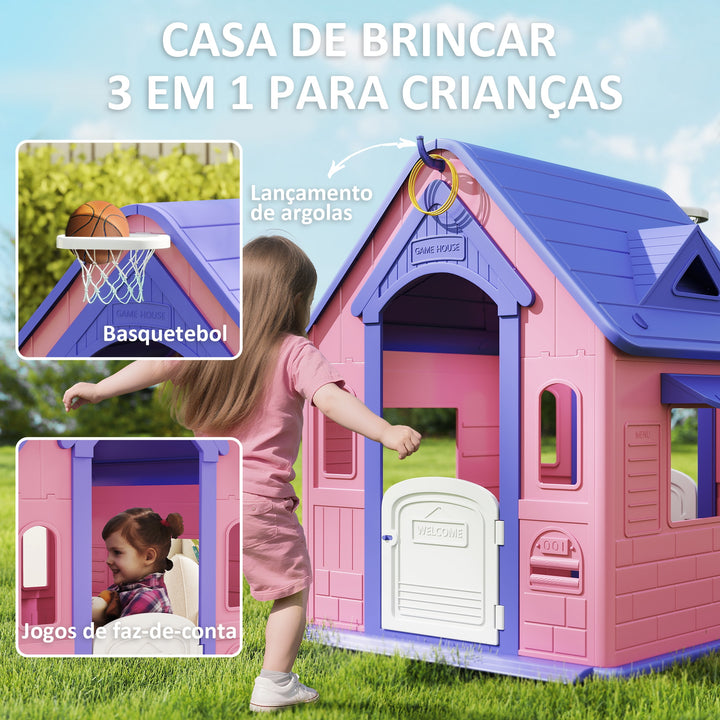 Casinha Infantil para Exterior e Interior 3 em 1 Casinha de Jardim com Lançamento de Aros e Basquetebol Casa de Jogos para Crianças de 2-5 Anos 132x118x124 cm Rosa e Roxo