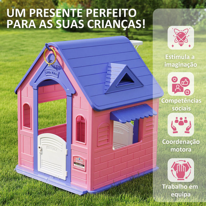 Casinha Infantil para Exterior e Interior 3 em 1 Casinha de Jardim com Lançamento de Aros e Basquetebol Casa de Jogos para Crianças de 2-5 Anos 132x118x124 cm Rosa e Roxo