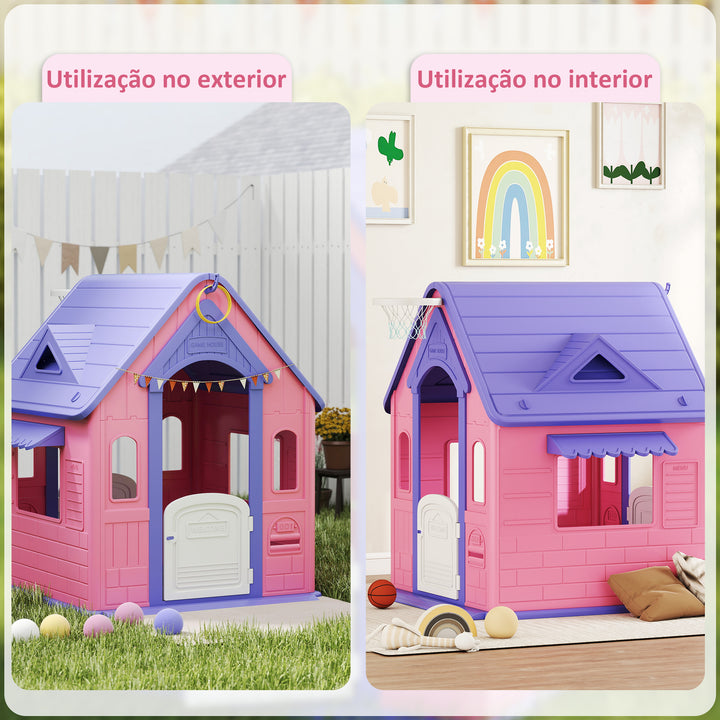 Casinha Infantil para Exterior e Interior 3 em 1 Casinha de Jardim com Lançamento de Aros e Basquetebol Casa de Jogos para Crianças de 2-5 Anos 132x118x124 cm Rosa e Roxo