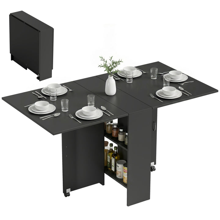 Mesa de Cozinha Dobrável Mesa de Madeira com 2 Prateleiras de Armazenamento e Laterais Dobráveis Estilo Moderno para Sala de Estar 75x140x74 cm Preto