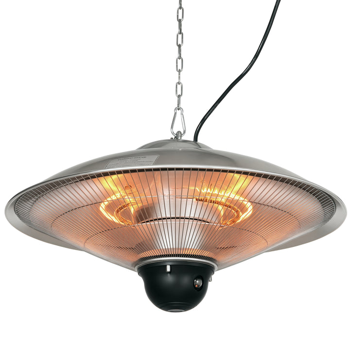 Aquecedor de Jardim Elétrico 1010W/1200W Aquecedor de Exterior de Teto de Infravermelho com Controlo Remoto 2 Níveis de Calor Proteção IP44 para Terraço Pátio Ø58,5x33cm Prata