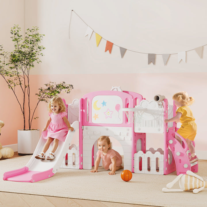 Escorrega Infantil 7 em 1 para Crianças dos 1 aos 3 Anos Tema de Sapo com Aro de Basquetebol Túnel, Quadro Telescópio de Brincar Trepador e Caixas, Interior e Exterior 176x150x94 cm Rosa