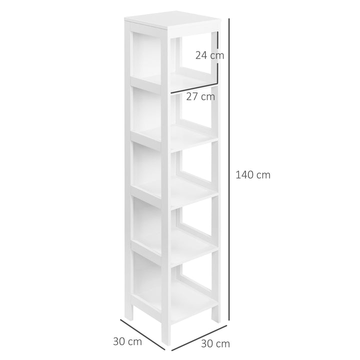 Estante para Casa de Banho de 5 Níveis Móvel Auxiliar de Armazenamento para Cozinha Sala de Estar Dormitório Estilo Moderno Anti-Tombamento Carga Máx. 30kg 30x30x140cm Branco