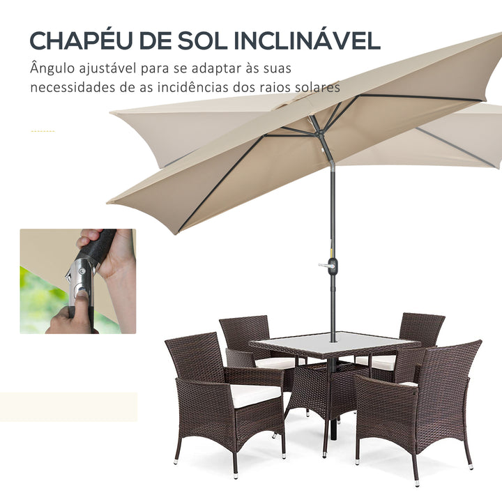 Chapéu de Sol de Alumínio 195x295x240 cm Chapéu de Sol Retangular de Jardim Inclinável com Manivela e Mastro Desmontável para Terraço Piscina Pátio Exterior Cáqui