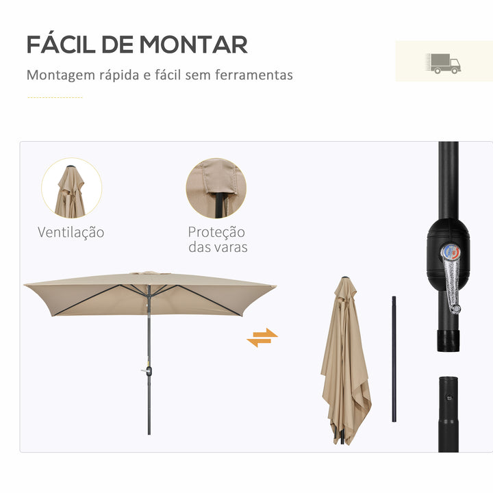 Chapéu de Sol de Alumínio 195x295x240 cm Chapéu de Sol Retangular de Jardim Inclinável com Manivela e Mastro Desmontável para Terraço Piscina Pátio Exterior Cáqui