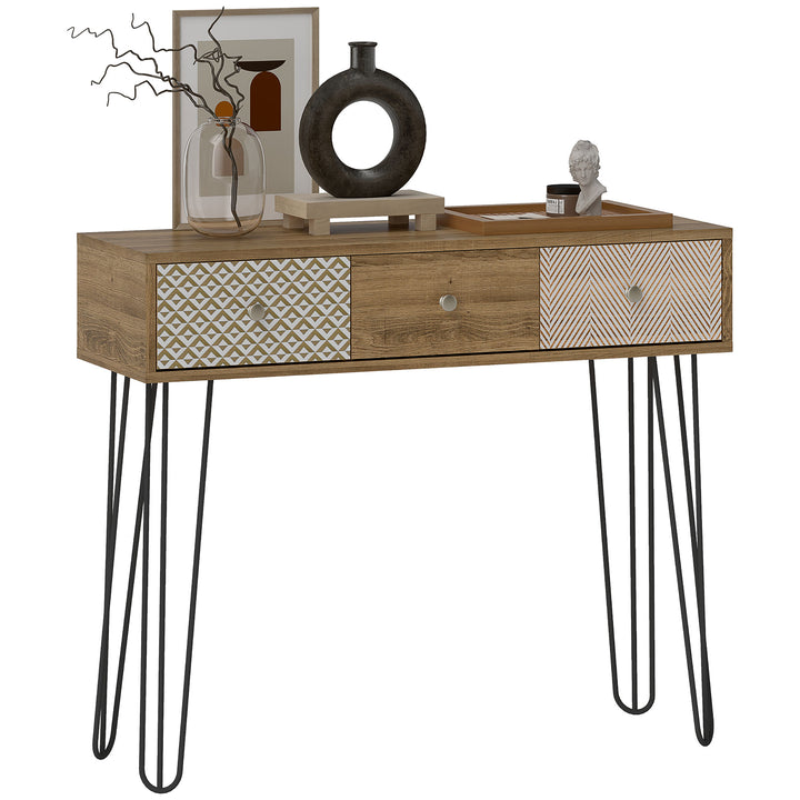 Mesa Consola com 3 Gavetas Consola Estreita para Entrada com Pés de Aço Tipo Garfo para Sala de Estar Corredor Entrada 90x30x75 cm Madeira