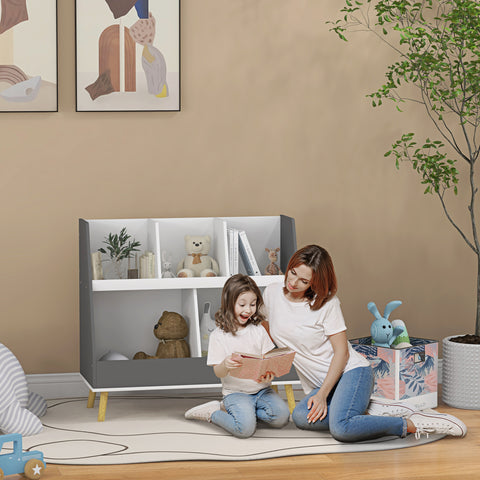 Estante Infantil para Brinquedos Organizador para Crianças de 2 Níveis com 5 Compartimentos e Pés de Madeira de Pinho para Sala de Jogos 80x34x72,5 cm Cinza