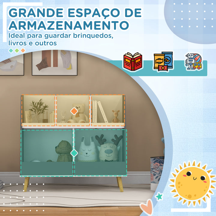 Estante Infantil para Brinquedos Organizador para Crianças de 2 Níveis com 5 Compartimentos e Pés de Madeira de Pinho para Sala de Jogos 80x34x72,5 cm Cinza