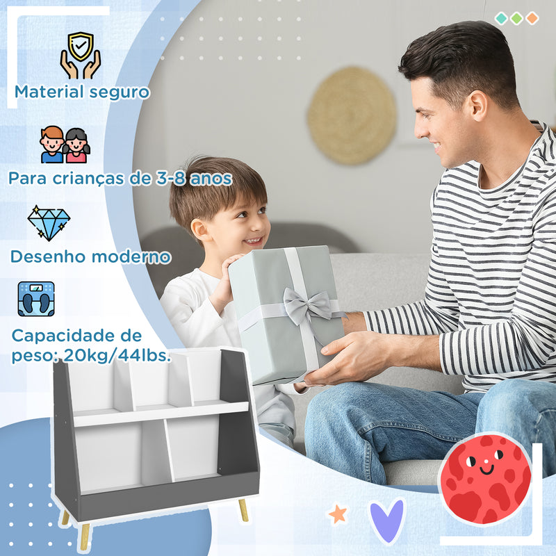 Estante Infantil para Brinquedos Organizador para Crianças de 2 Níveis com 5 Compartimentos e Pés de Madeira de Pinho para Sala de Jogos 80x34x72,5 cm Cinza