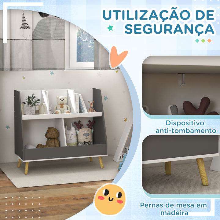 Estante Infantil para Brinquedos Organizador para Crianças de 2 Níveis com 5 Compartimentos e Pés de Madeira de Pinho para Sala de Jogos 80x34x72,5 cm Cinza
