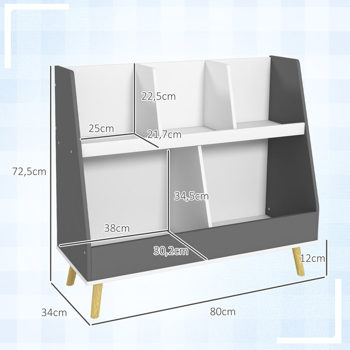 Estante Infantil para Brinquedos Organizador para Crianças de 2 Níveis com 5 Compartimentos e Pés de Madeira de Pinho para Sala de Jogos 80x34x72,5 cm Cinza