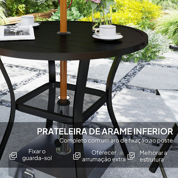 Mesa de Jardim com Orifício para Chapéu de Sol Mesa de Refeição Exterior Redonda com Bancada de Metal Prateleira Inferior e Estrutura de Aço para Pátio Ø90x73 cm Preto