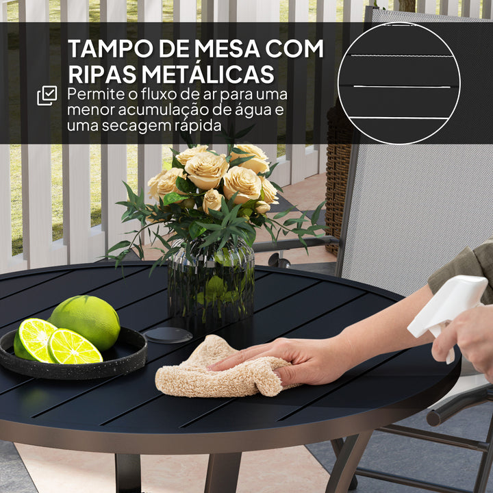 Mesa de Jardim com Orifício para Chapéu de Sol Mesa de Refeição Exterior Redonda com Bancada de Metal Prateleira Inferior e Estrutura de Aço para Pátio Ø90x73 cm Preto