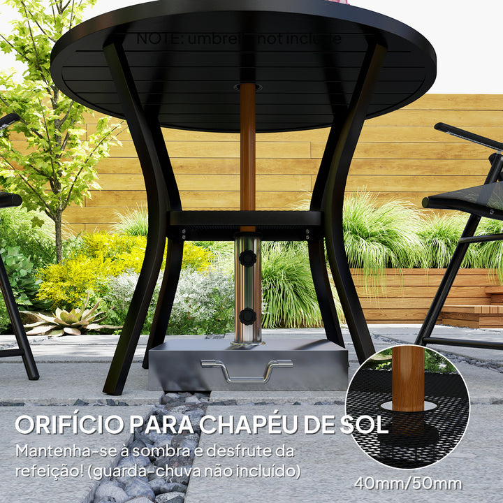 Mesa de Jardim com Orifício para Chapéu de Sol Mesa de Refeição Exterior Redonda com Bancada de Metal Prateleira Inferior e Estrutura de Aço para Pátio Ø90x73 cm Preto