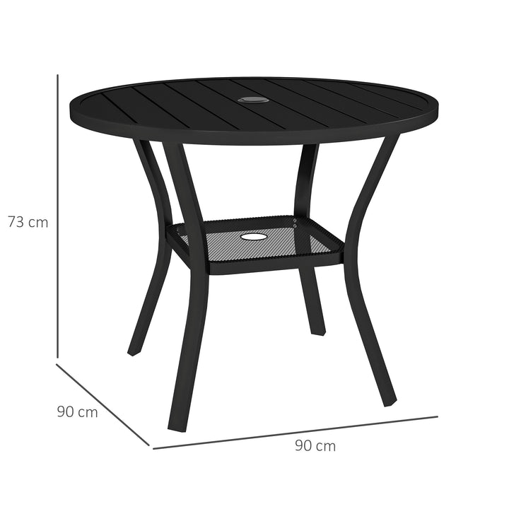 Mesa de Jardim com Orifício para Chapéu de Sol Mesa de Refeição Exterior Redonda com Bancada de Metal Prateleira Inferior e Estrutura de Aço para Pátio Ø90x73 cm Preto